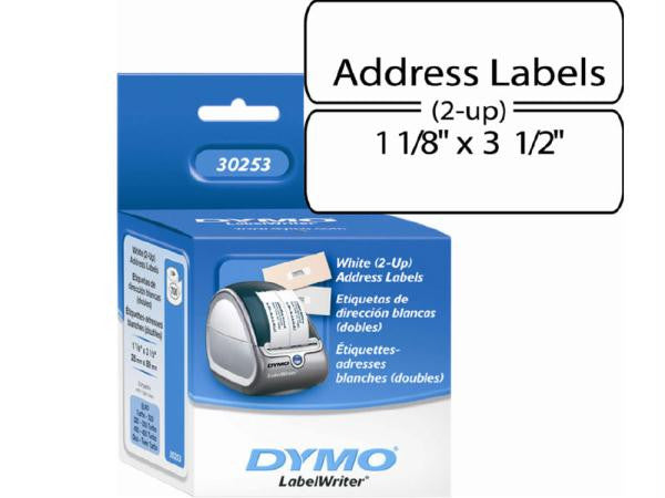 Dymo White 2-up Address Labels Size: 1-1-8in X 3-1-2in, 700 Labels-roll, 1 Roll-box